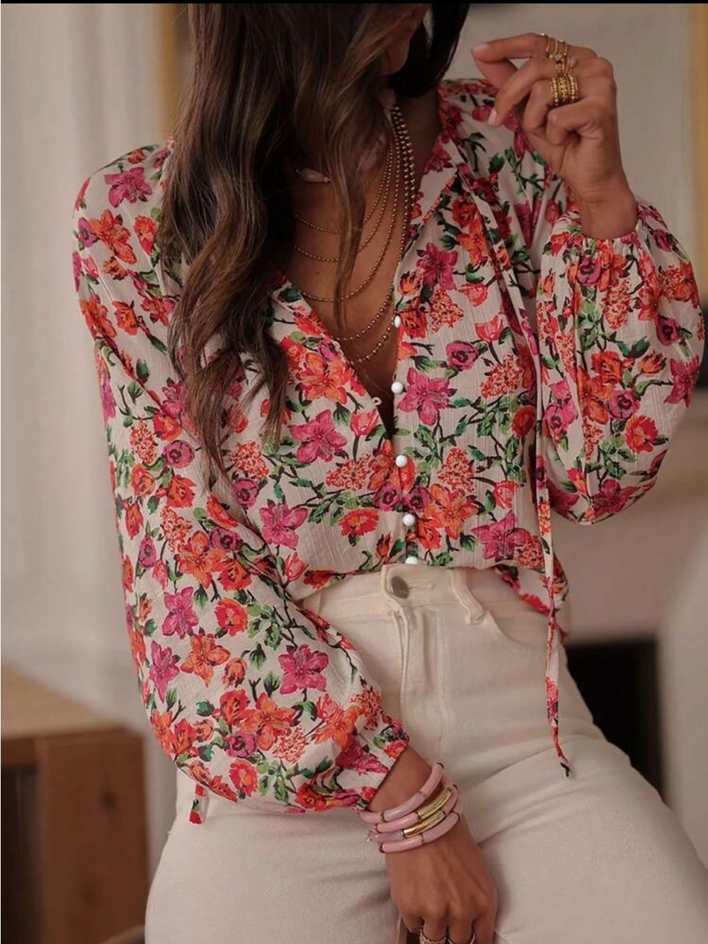 Boho Floral Print Button Down Up Shirt Top Blouse Pink Orange